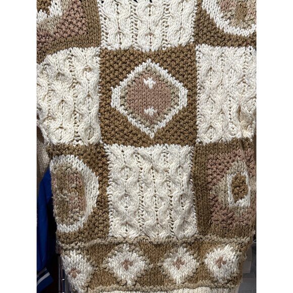 VTG Needles & Yarn Patchwork Knit Ramie Blend Sweater Beige/Brown Shoulder Pads - Picture 3 of 10